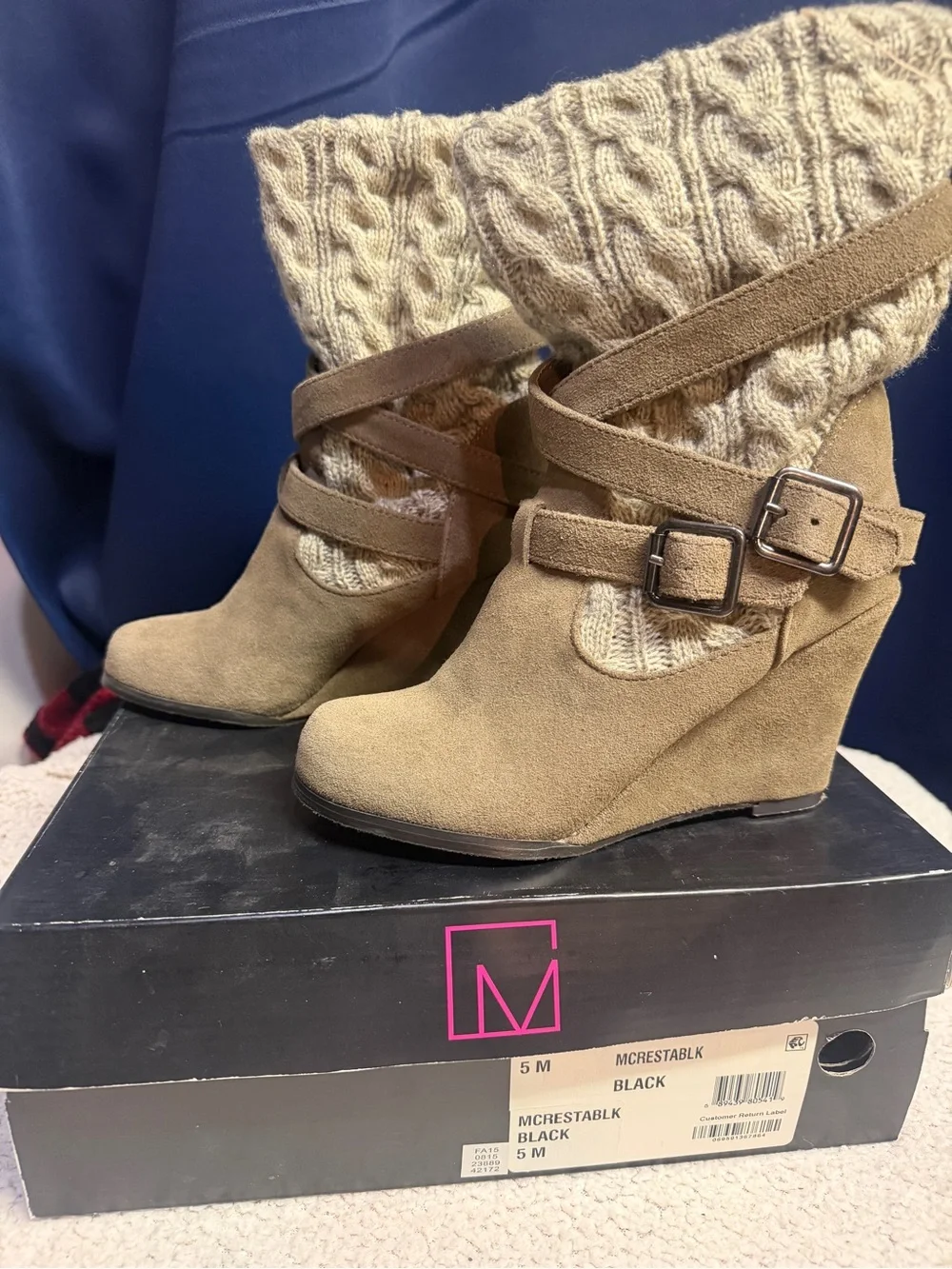 Material Girl Beige/Taupe Wedge Booties with Knit Cuff